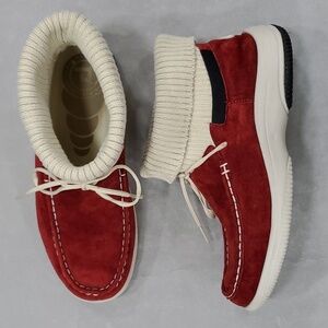 Propet cardigan boots women's 9 wide red seude tan fold down knit sweater W1022